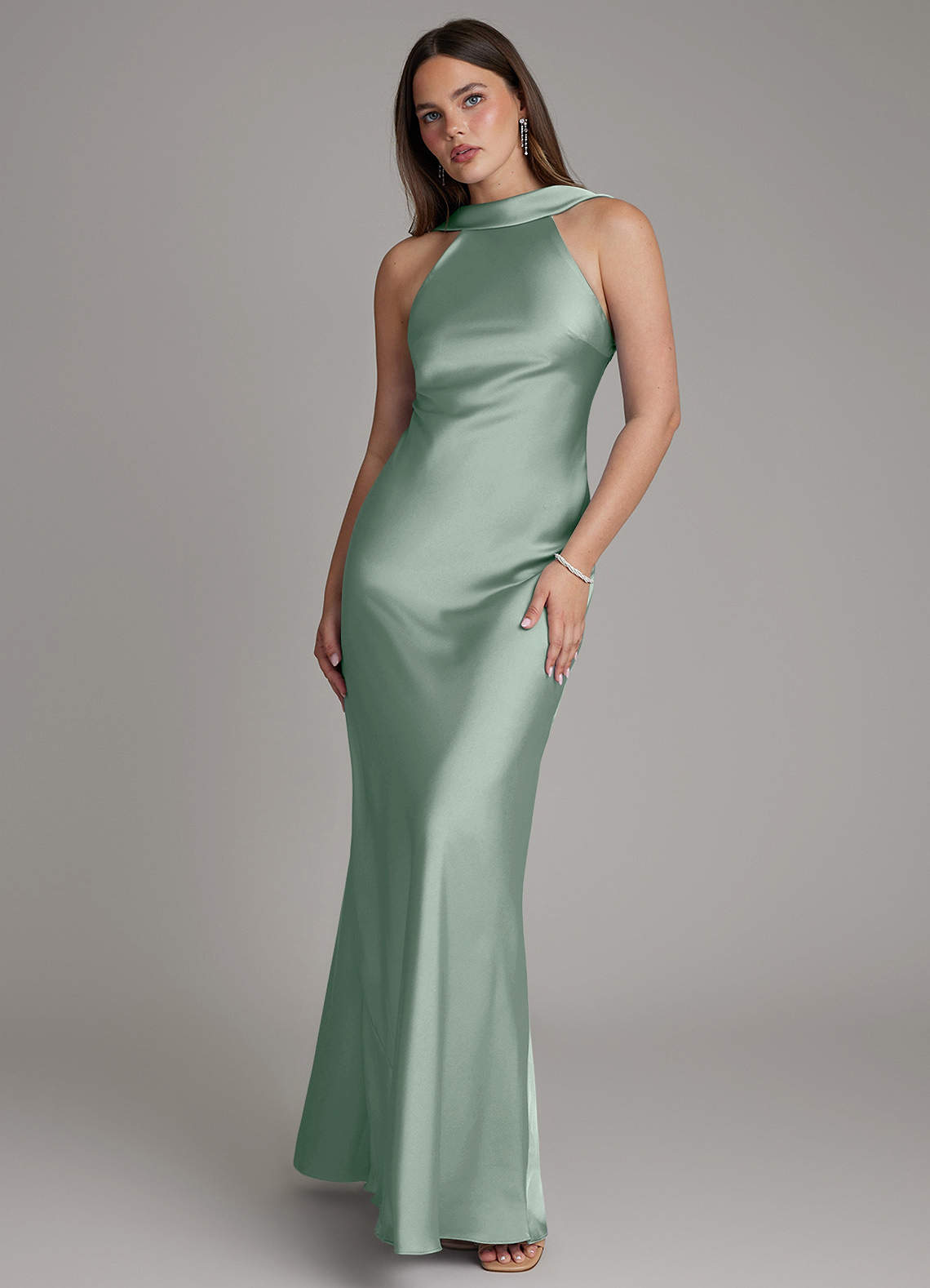 Dimitra Sheath Halter Stretch Satin Bridesmaid Dress in Agave