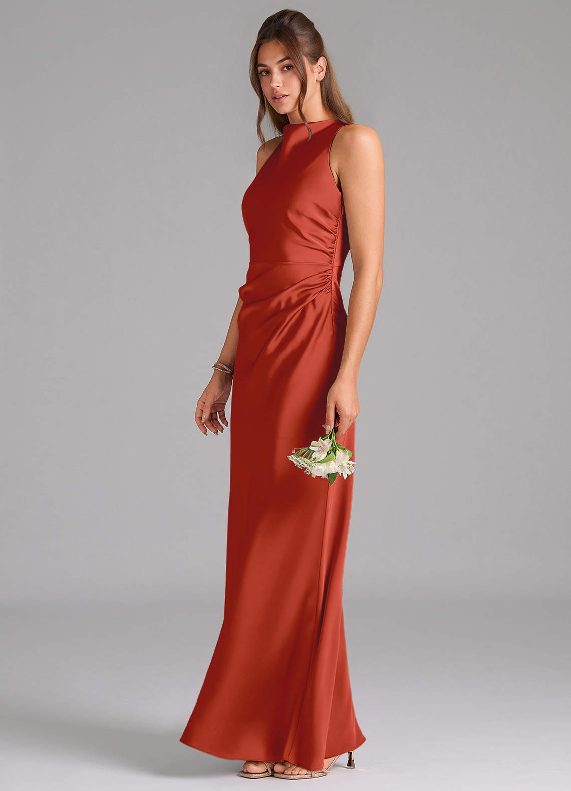 Evadne Sheath Scoop-Neck Stretch Satin Bridesmaid Dress in Rust