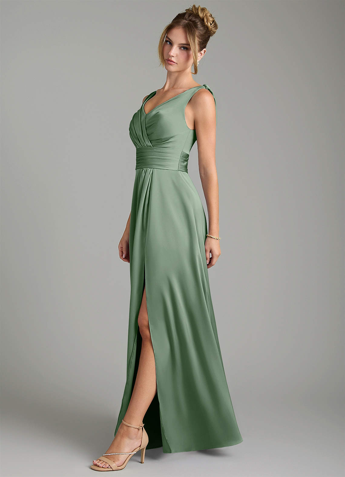 Karina A-Line V-Neck Stretch Satin Bridesmaid Dress in Matcha