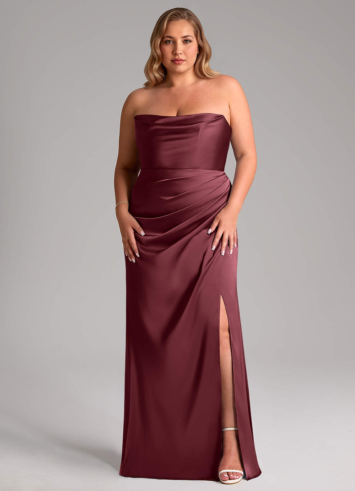 Leonis Mermaid Cowl-Neck Stretch Satin Bridesmaid Dress in Merlot