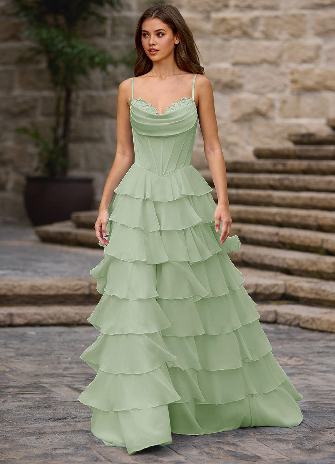 Floralace A-Line Ruffle Chiffon Evening Dress in Vanilla