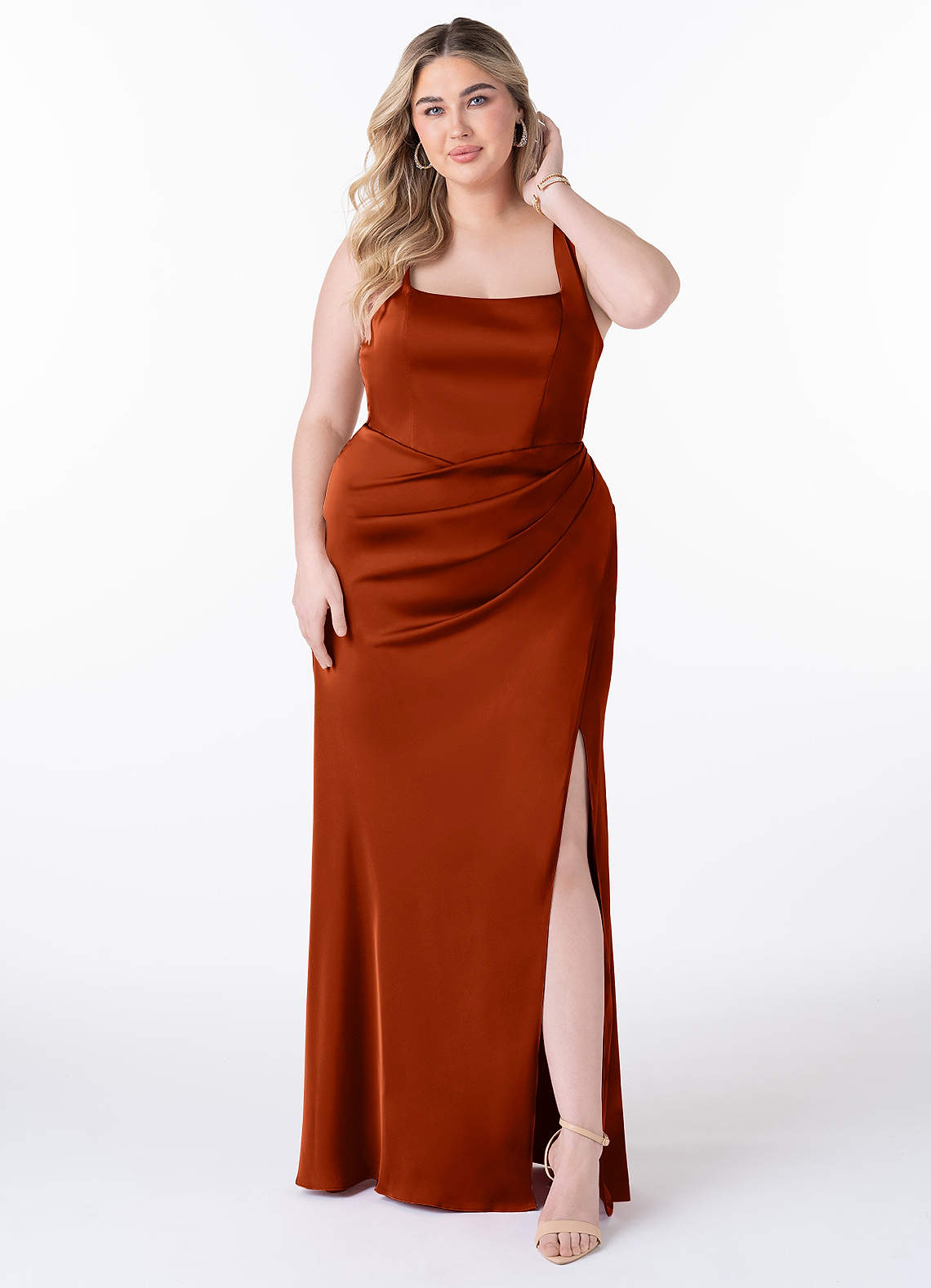 Mero Mermaid Square-Neck Stretch Satin Bridesmaid Dress in Paprika