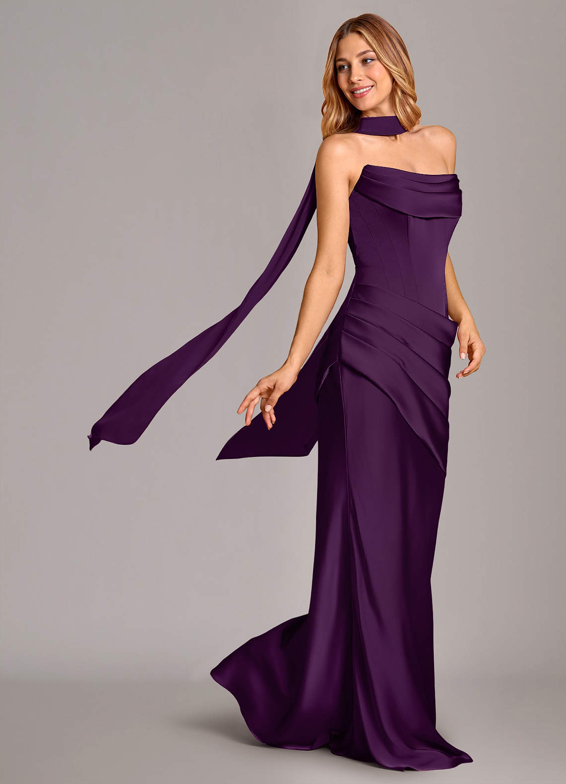 Pelagia Mermaid Cowl-Neck Stretch Satin Bridesmaid Dress in Grape