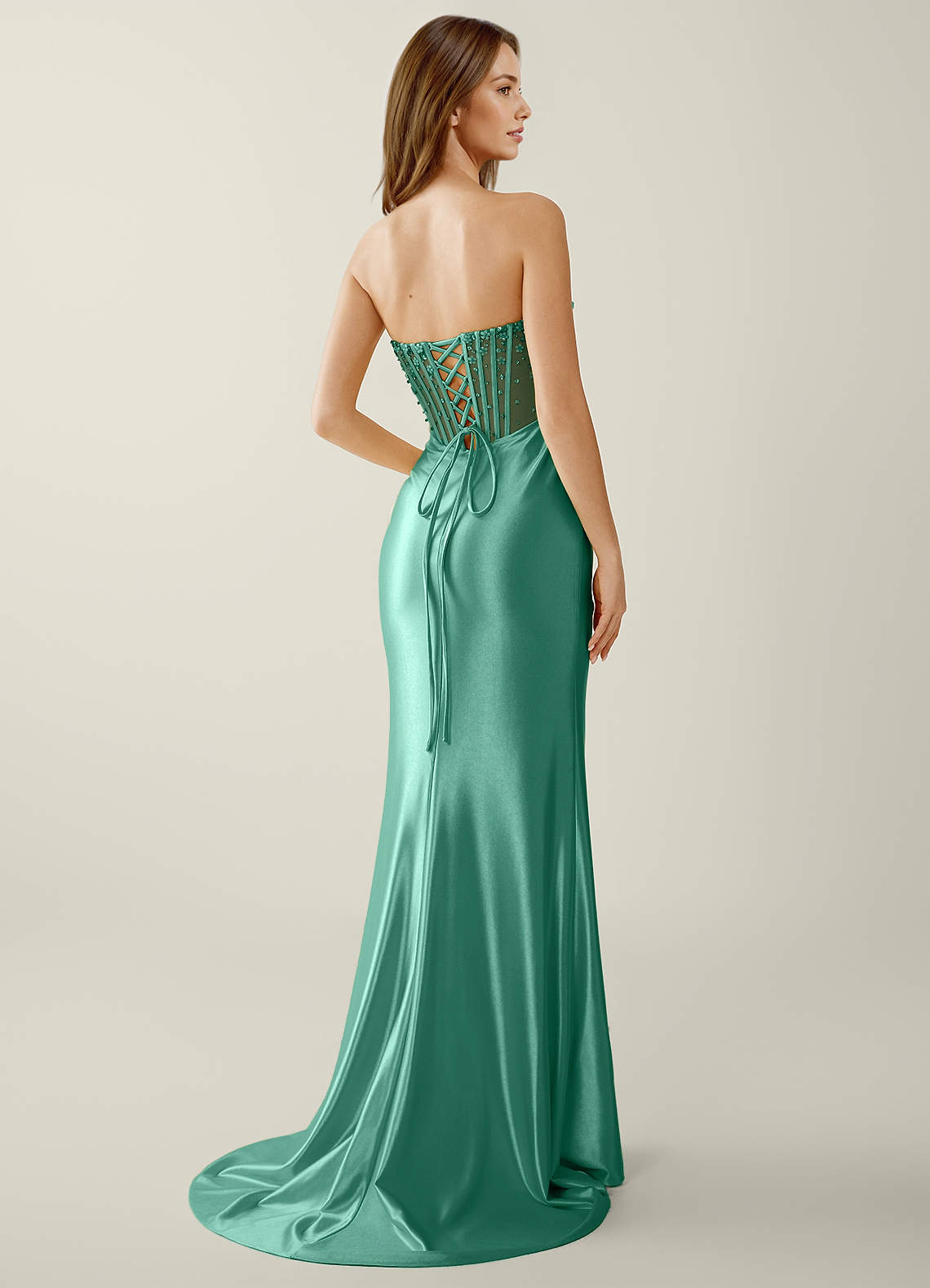 Willa Mermaid Strapless Sequined Satin Evening Dress in Basil