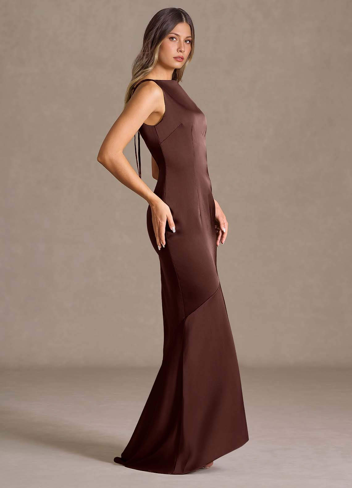 Wynne Mermaid Shoulder-Scarf Stretch Satin Evening Dress in Mocha Coco