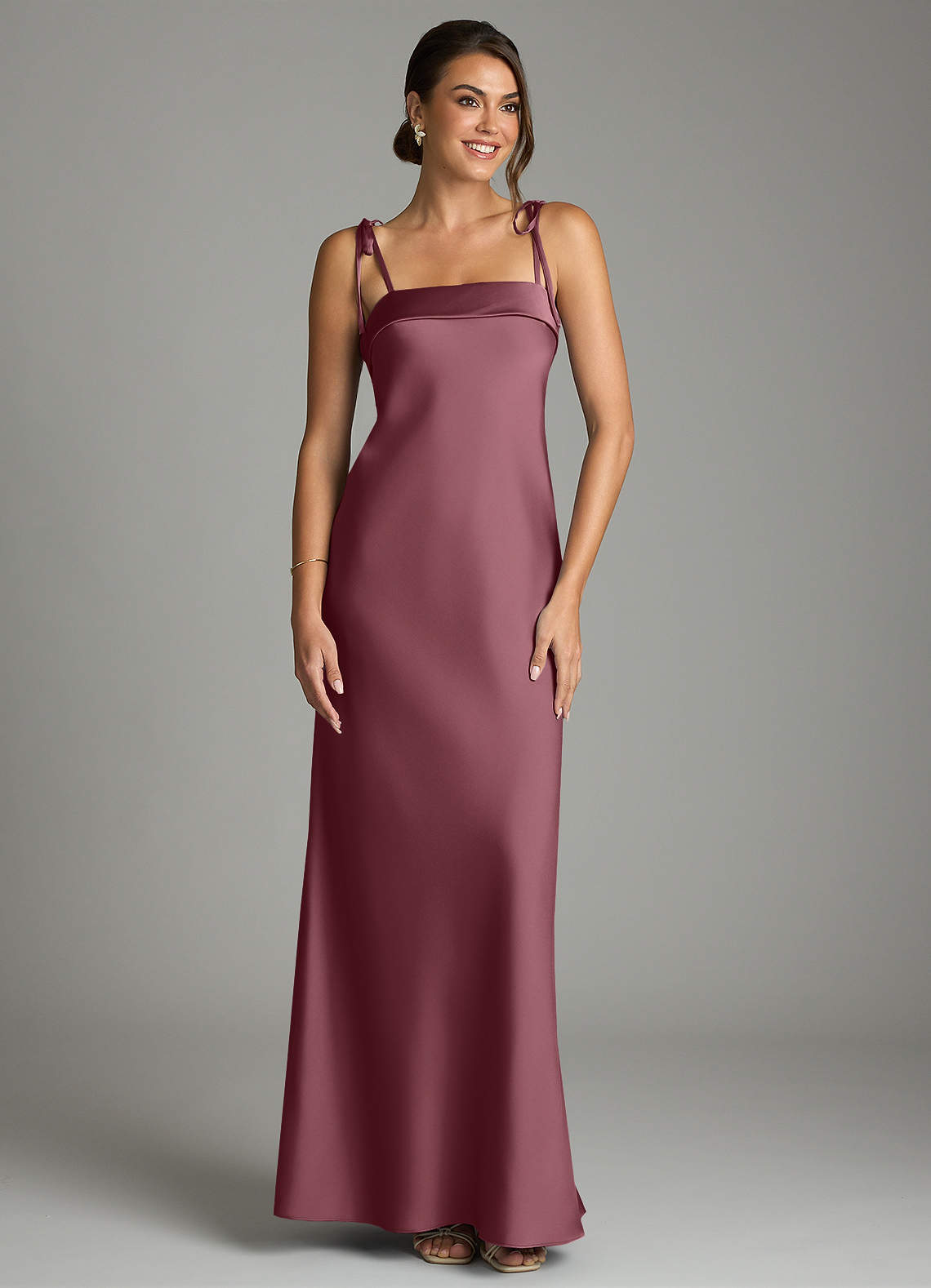 Ellia Sheath Straight-Neck Stretch Satin Bridesmaid Dress in Desert Rose