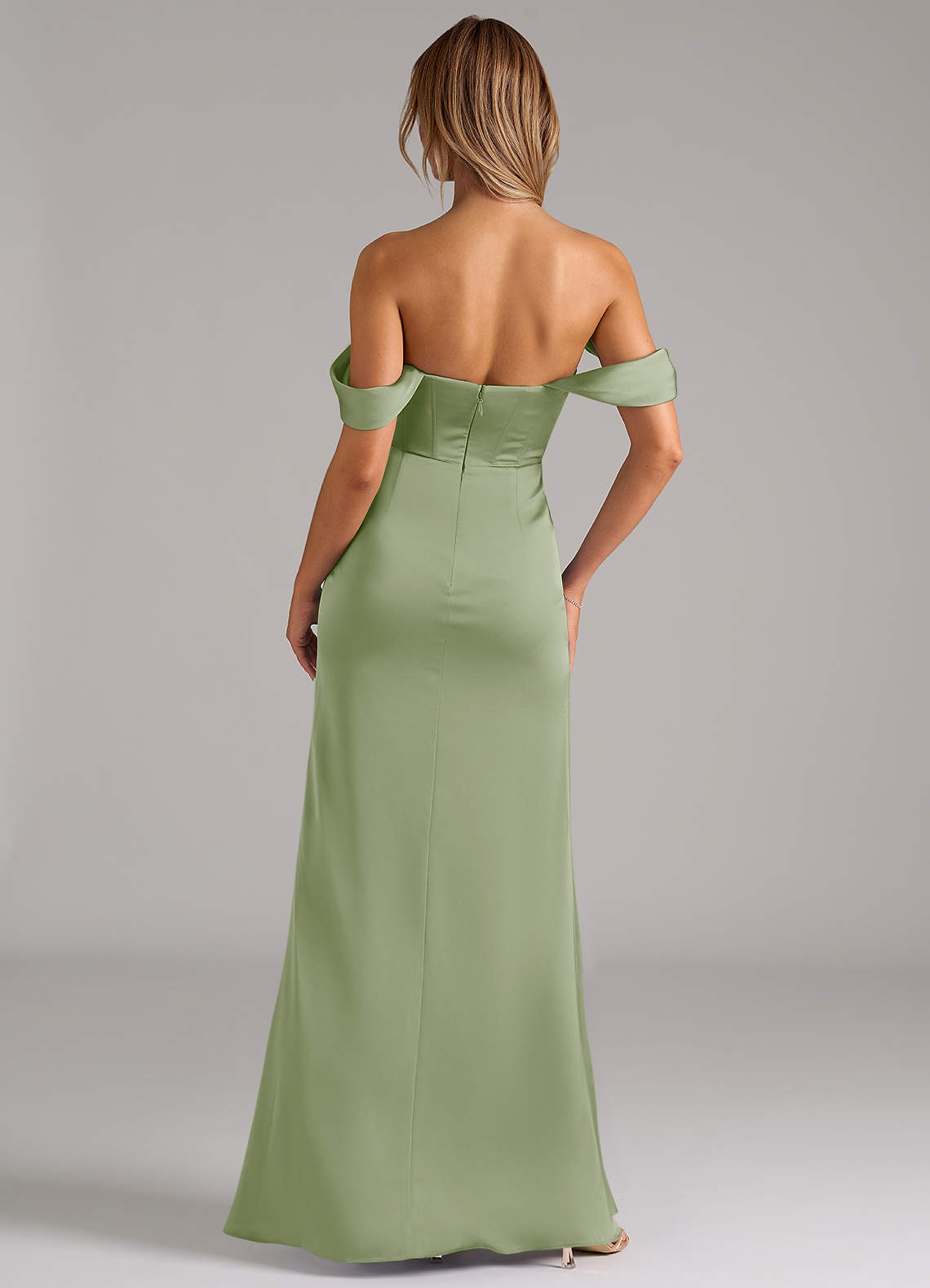 Johana Mermaid Off-the-Shoulder Stretch Satin Bridesmaid Dress in Dusty Sage