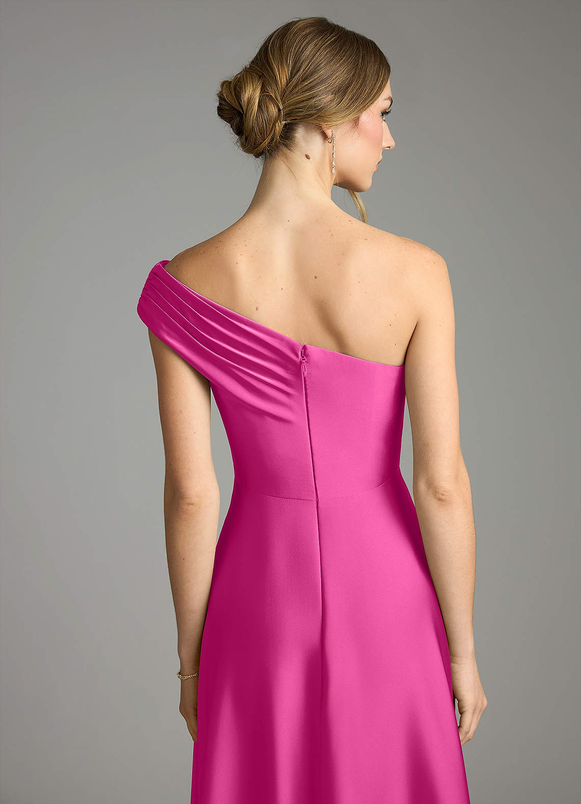Melanie A-Line One-Shoulder Stretch Satin Bridesmaid Dress in Fuchsia