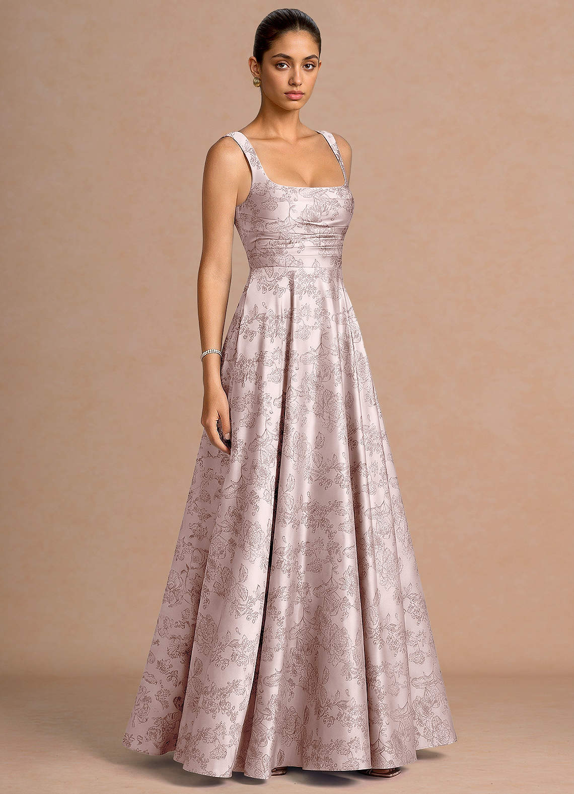 Azaria A-Line Square-Neck Jacquard Evening Dress in Pink