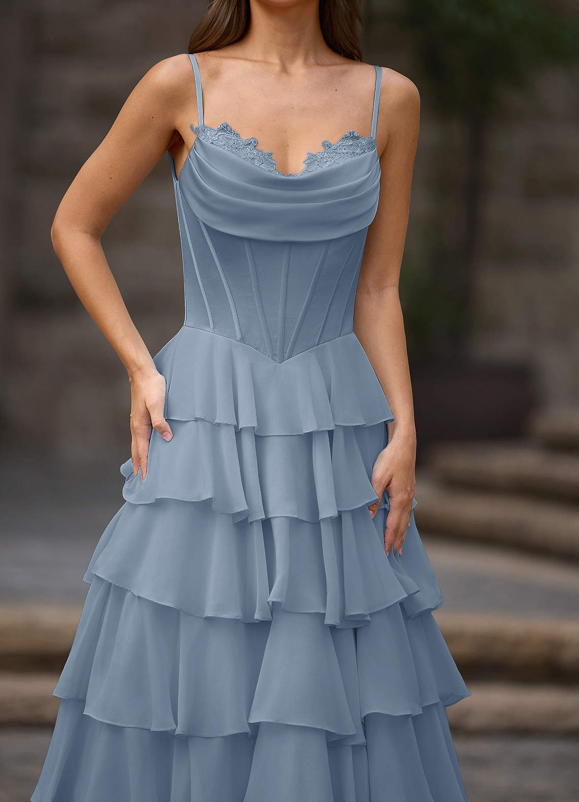 Floralace A-Line Ruffle Chiffon Evening Dress in Powder Blue