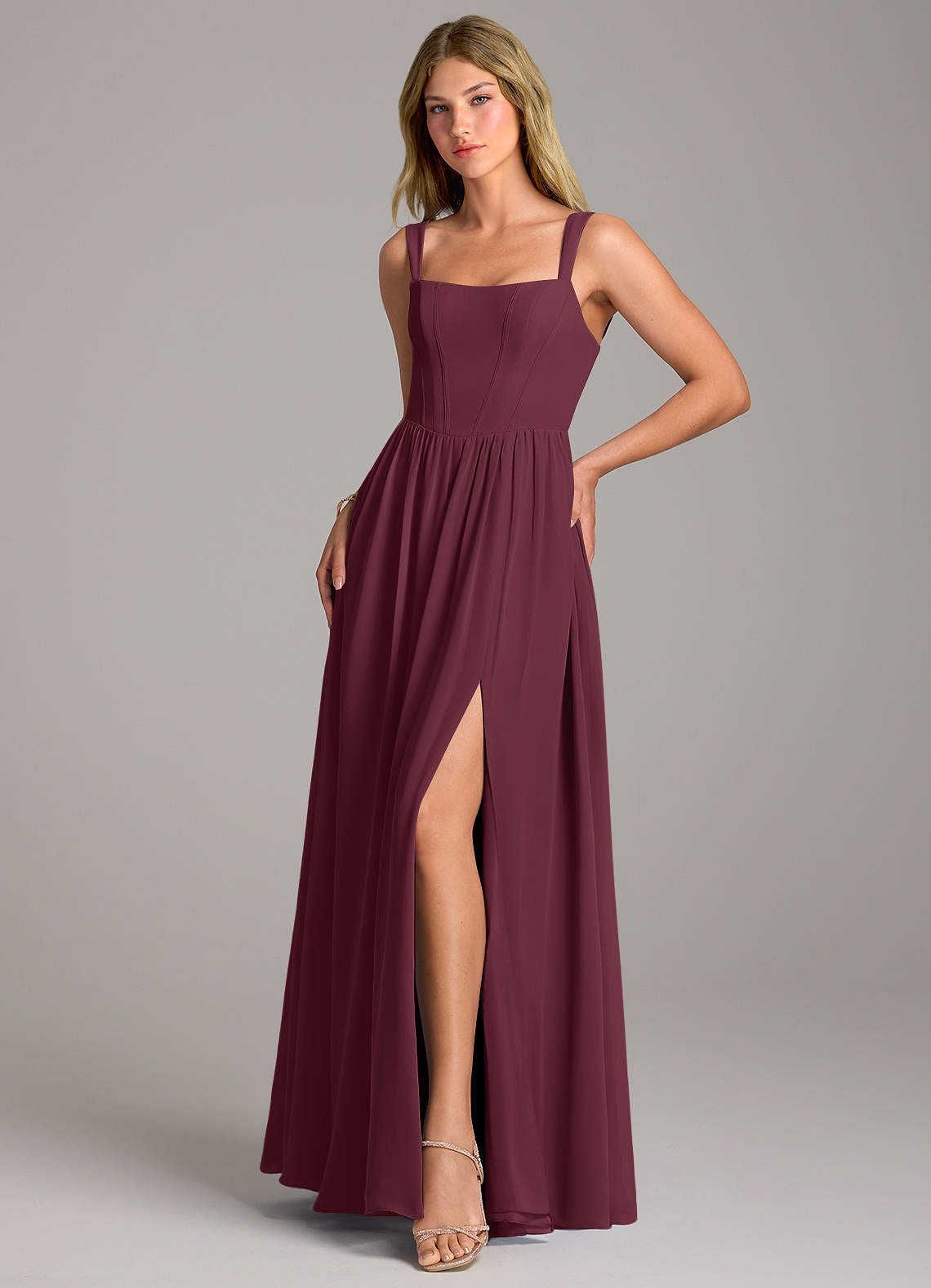 Rosaline A-Line Square-Neck Chiffon Bridesmaid Dress in Cabernet
