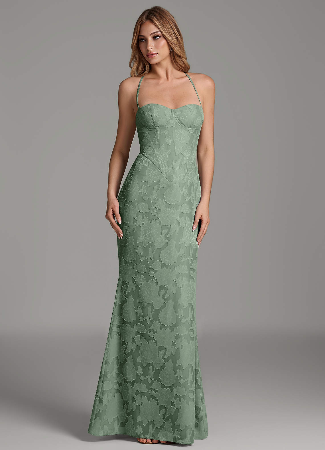 Dara Mermaid Sweetheart Floral Burnout Bridesmaid Dress in Matcha