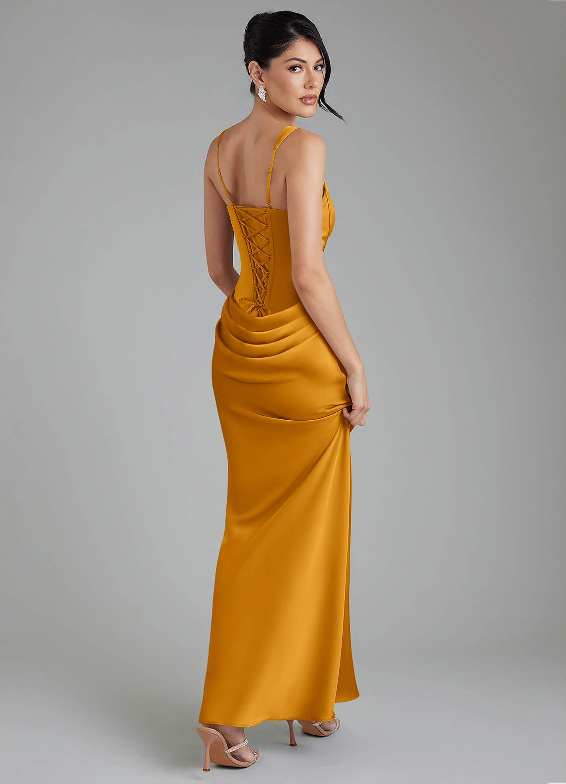 Etta Mermaid Square-Neck Stretch Satin Bridesmaid Dress in butterscotch