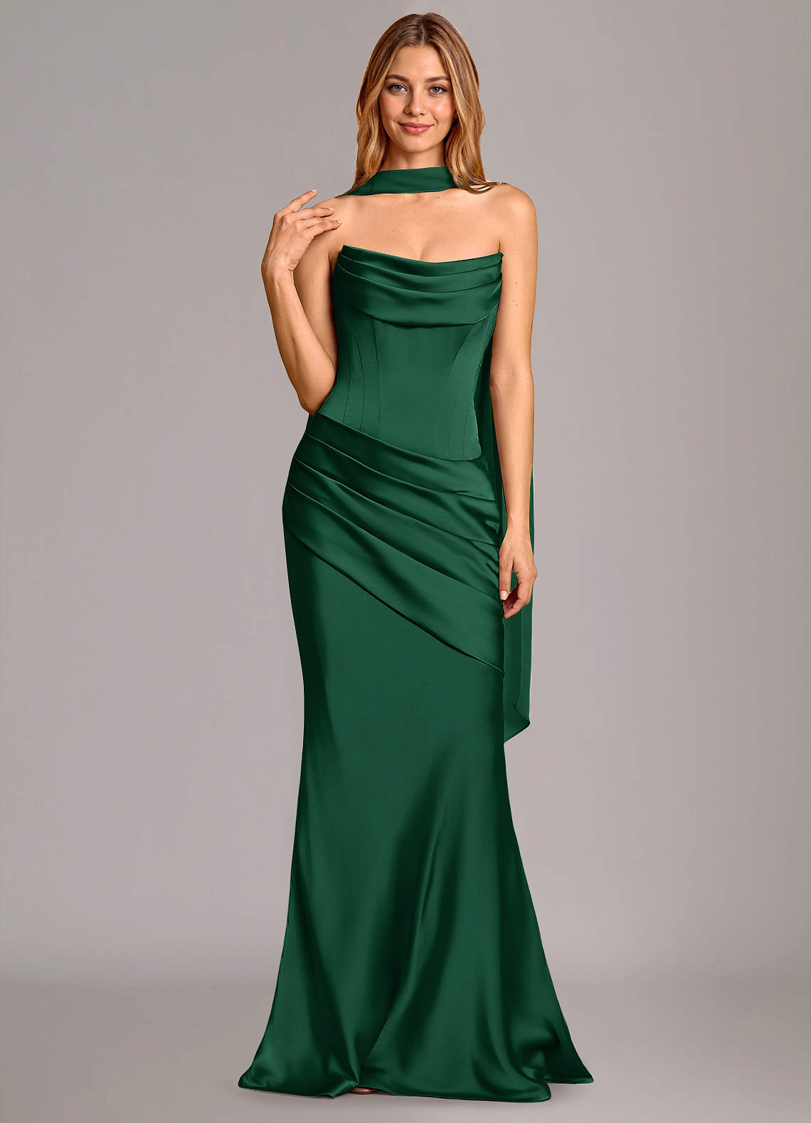 Pelagia Mermaid Cowl-Neck Stretch Satin Bridesmaid Dress in Dark Green