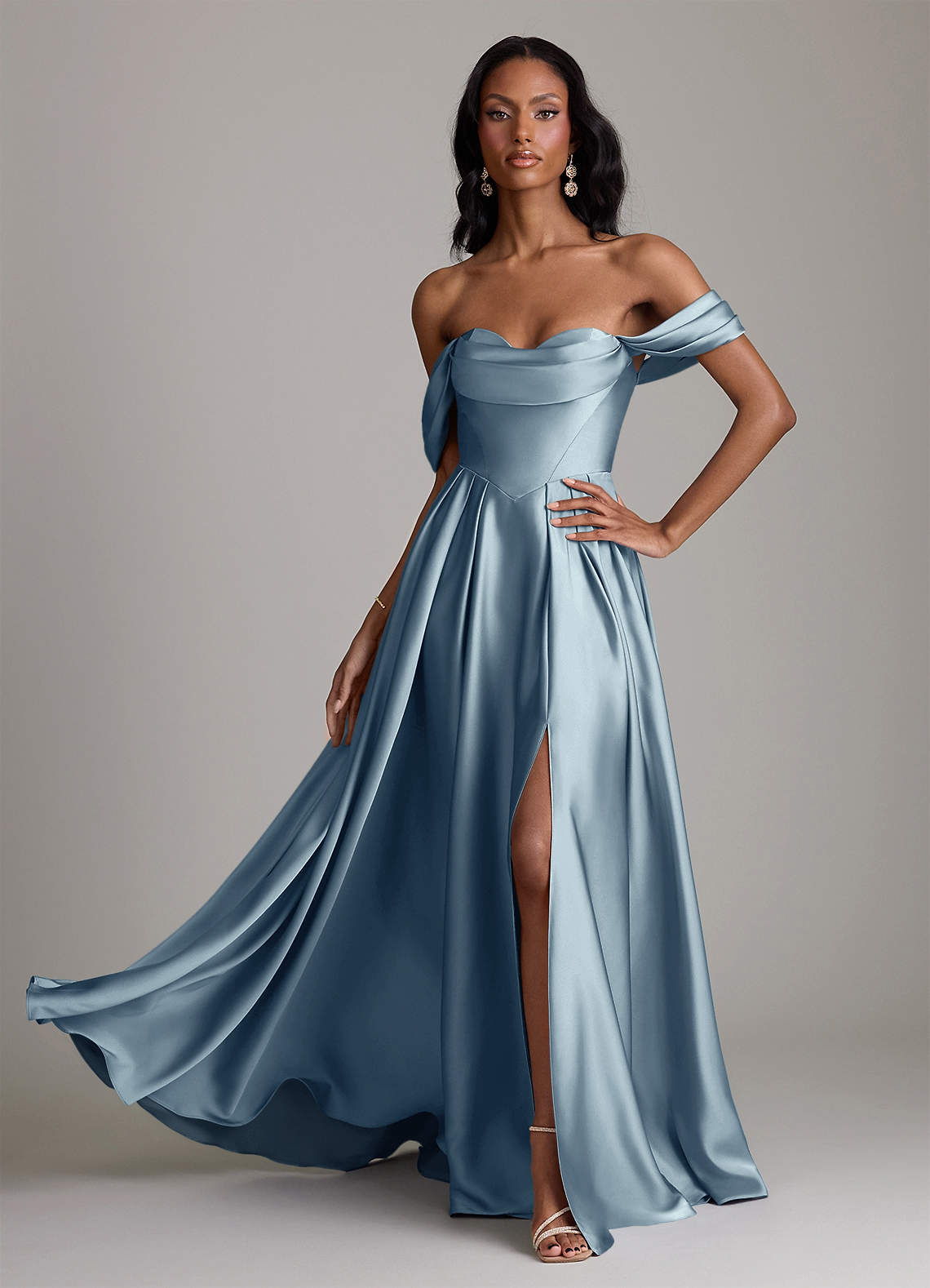 Loisa A-Line Off-the-Shoulder Stretch Satin Bridesmaid Dress in dusty blue
