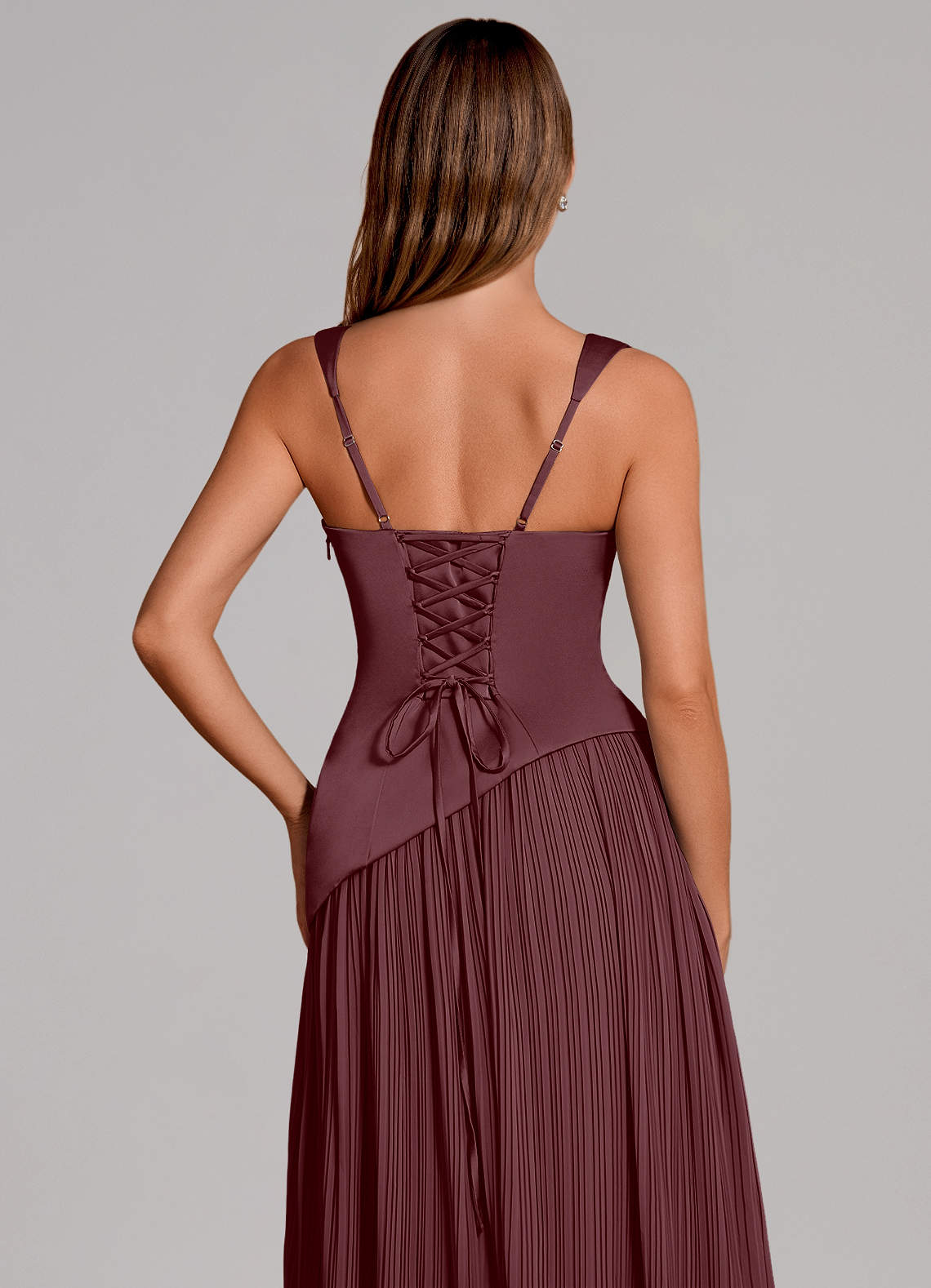 Stephanie A-Line Square-Neck Stretch Satin and Chiffon Bridesmaid Dress in Sangria