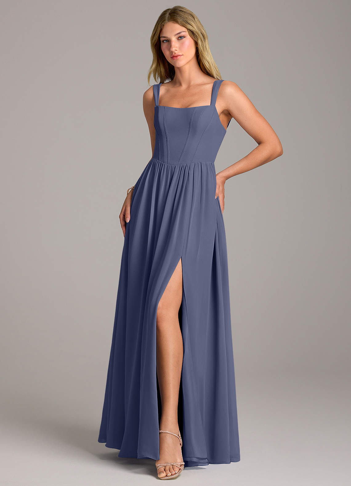 Rosaline A-Line Square-Neck Chiffon Bridesmaid Dress in Stormy
