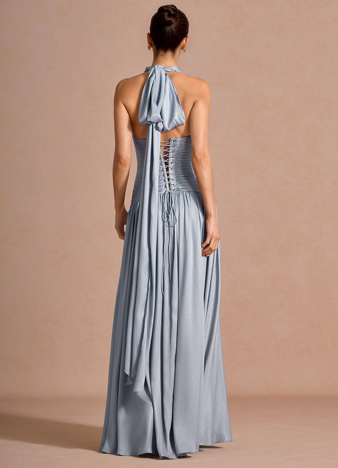 Hecate A-Line Halter Satin-Faced Chiffon Evening Dress in Blue Fog