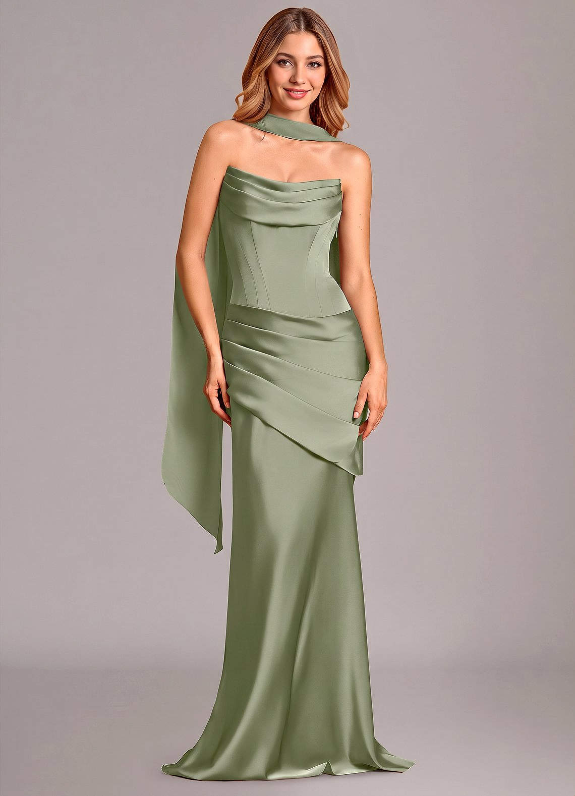 Pelagia Mermaid Cowl-Neck Stretch Satin Bridesmaid Dress in Pistachio