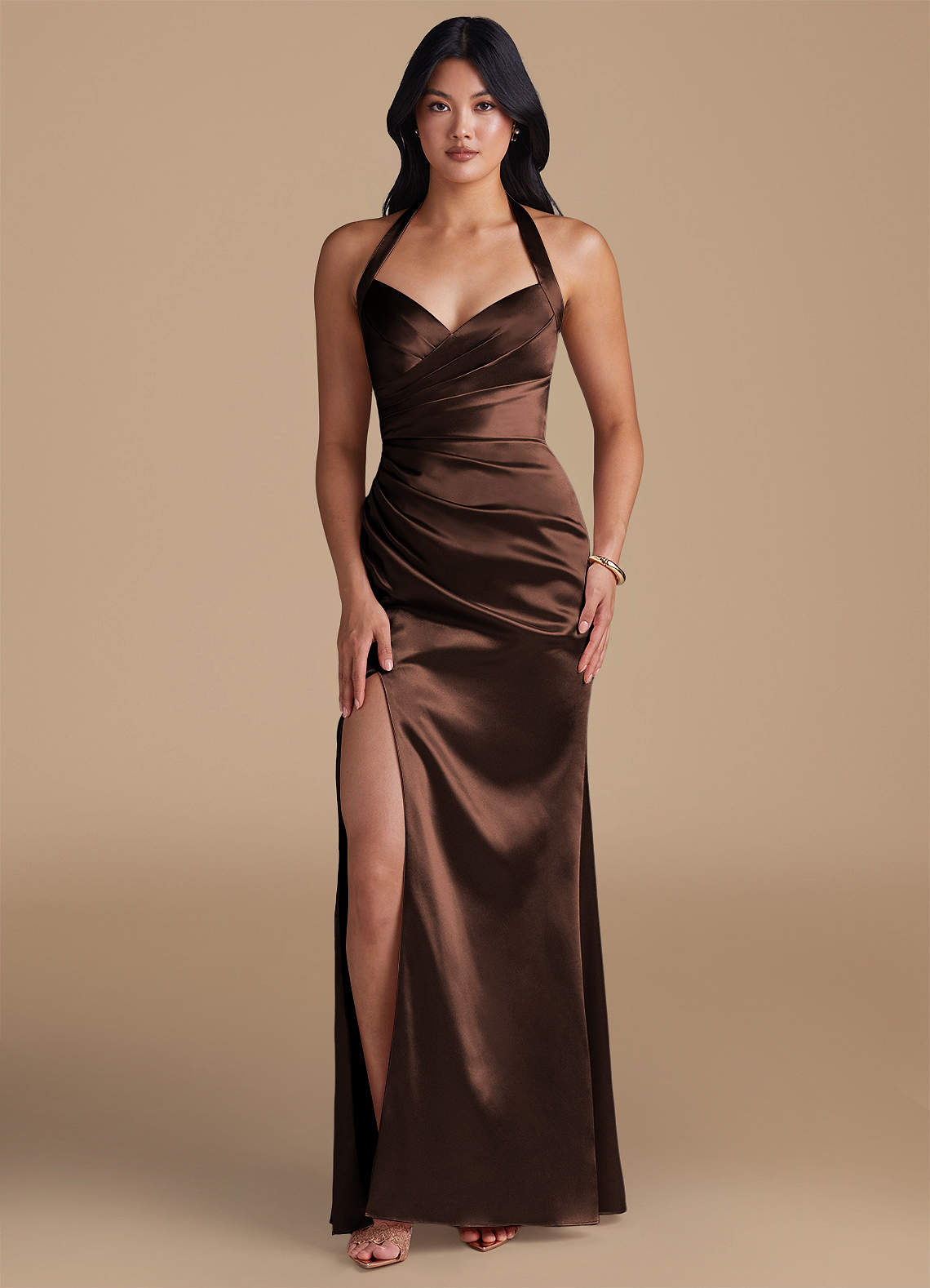 Emeria Sheath Halter Metallic Satin Bridesmaid Dress in Ganache