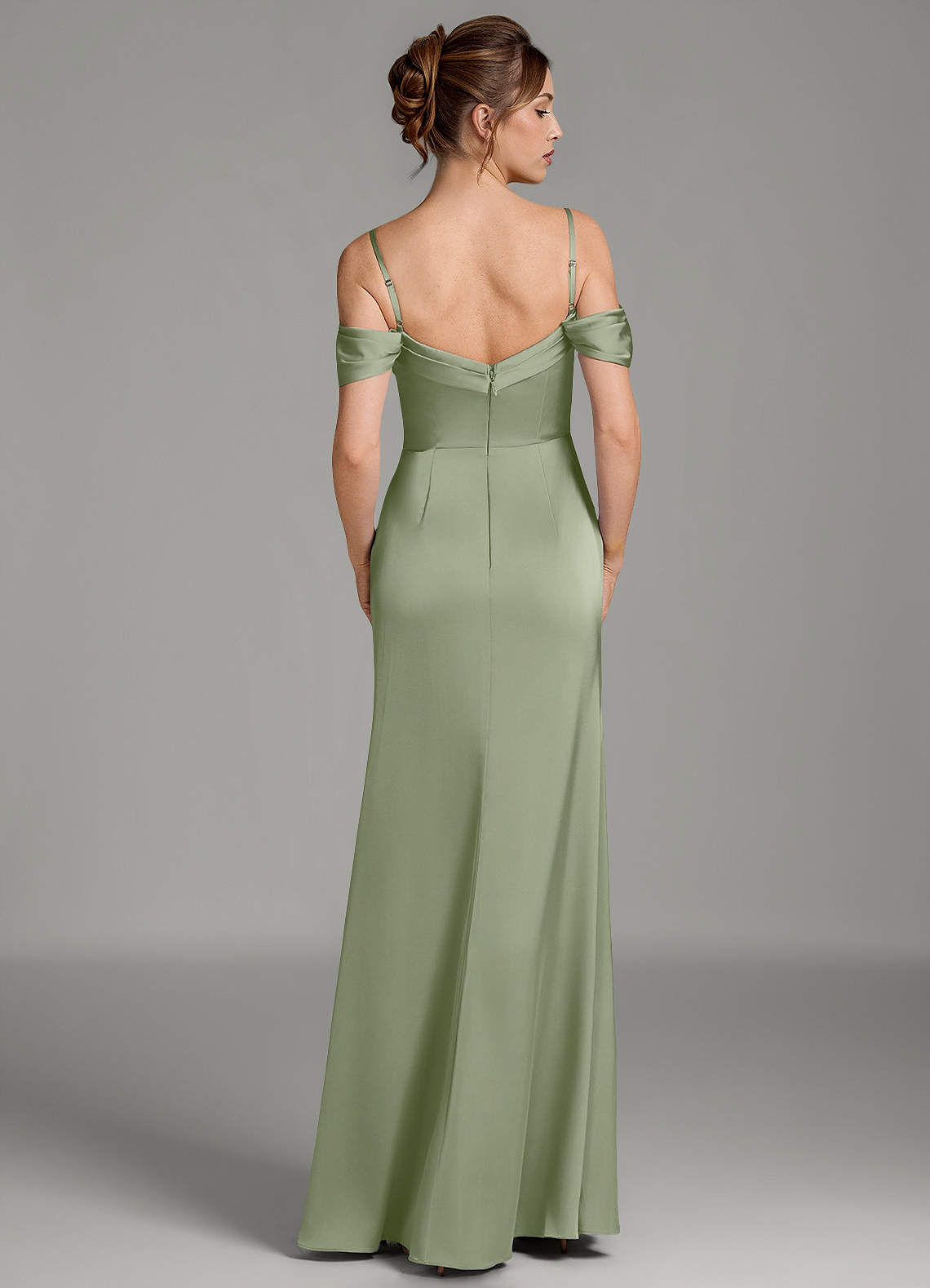 Wyatt Mermaid Off-the-Shoulder Stretch Satin Bridesmaid Dress in Pistachio