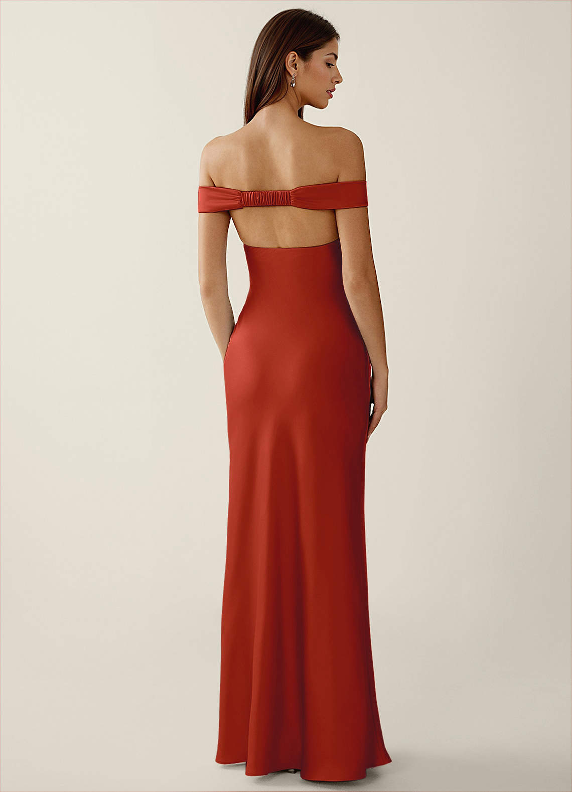 Gwendonme Sheath Off-the-Shoulder Satin Crystal Linen Evening Dress in Rust