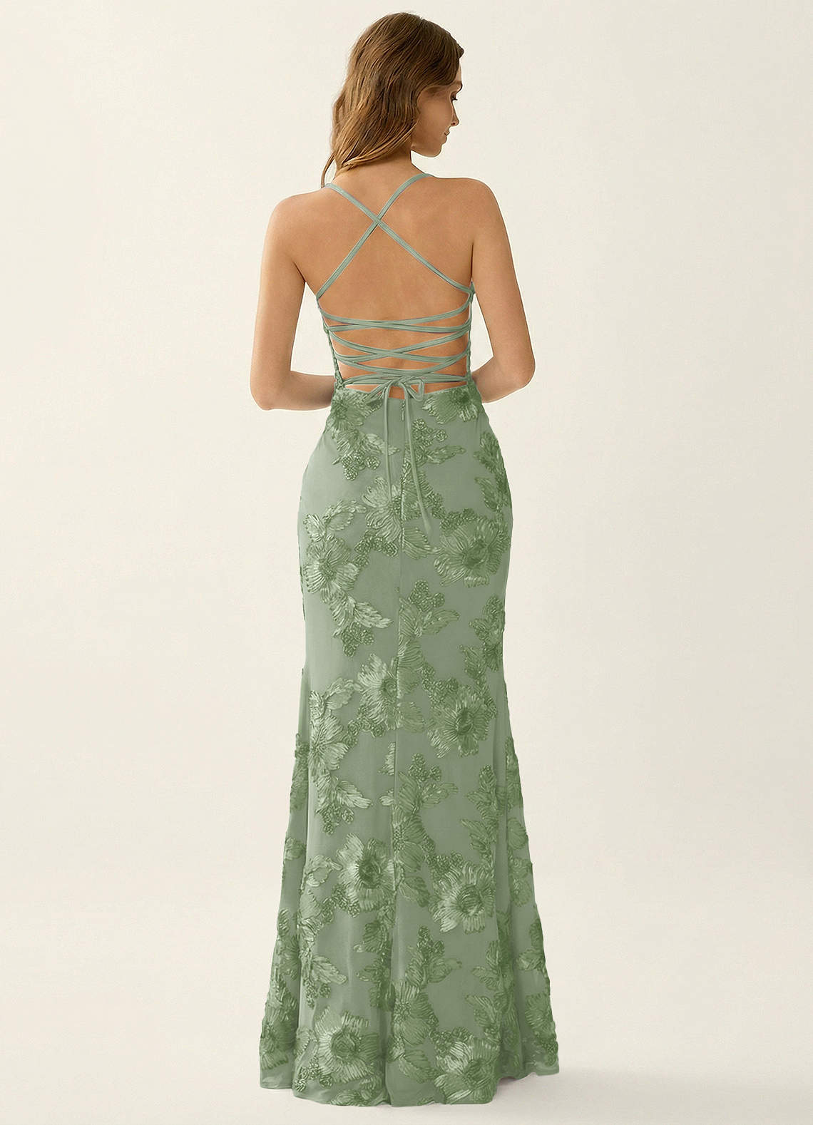 Kailani Mermaid Spaghetti-Strap Lace Evening Dress in Sage