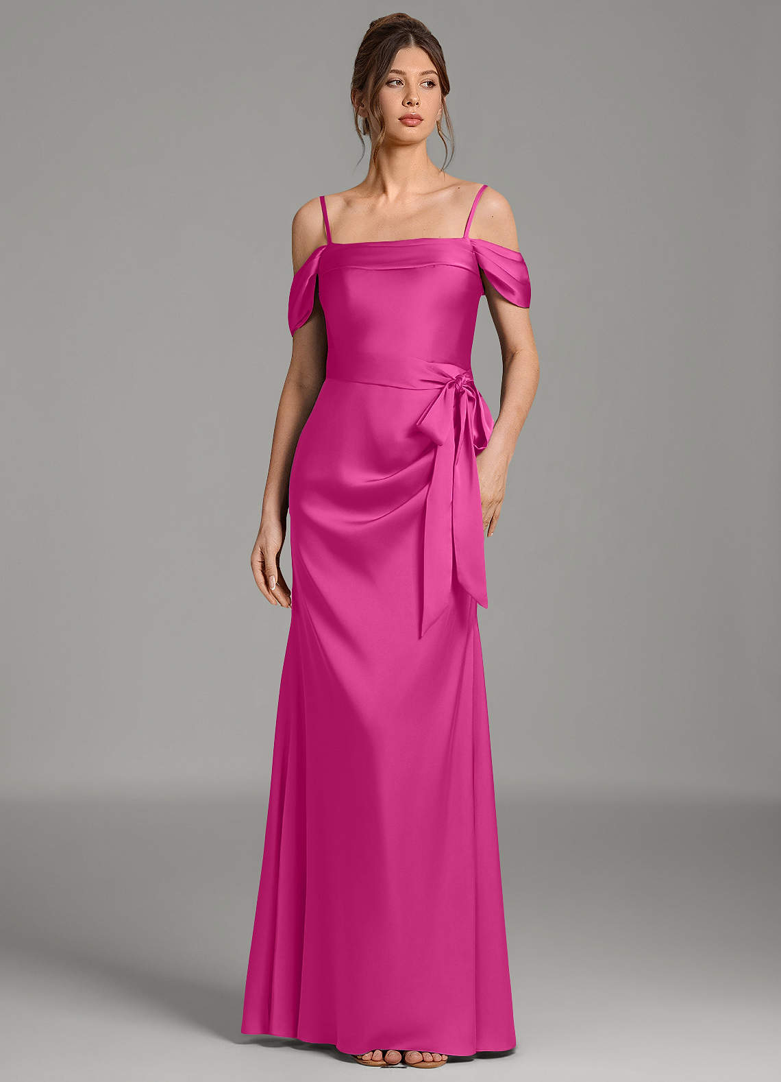 Wyatt Mermaid Off-the-Shoulder Stretch Satin Bridesmaid Dress in Fuchsia