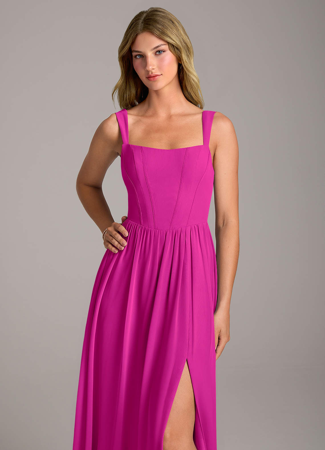Rosaline A-Line Square-Neck Chiffon Bridesmaid Dress in Fuchsia