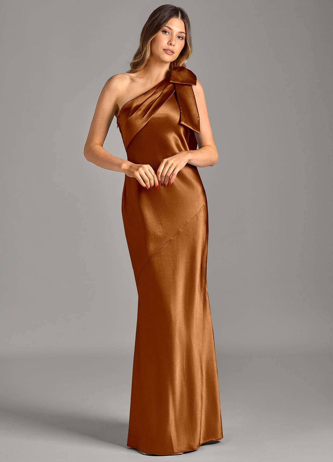 Yuanna Mermaid One-Shoulder Metallic Satin Bridesmaid Dress in Copper