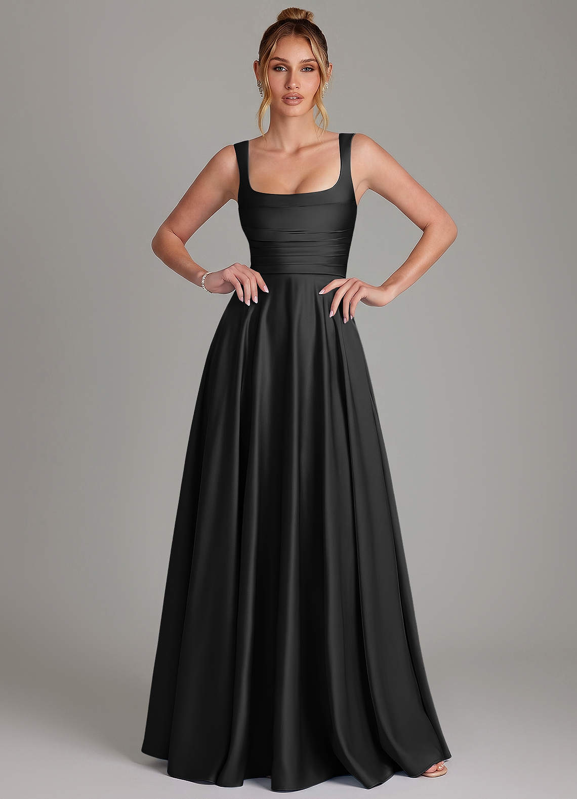 Azaria A-Line Square-Neck Stretch Satin Bridesmaid Dress in black