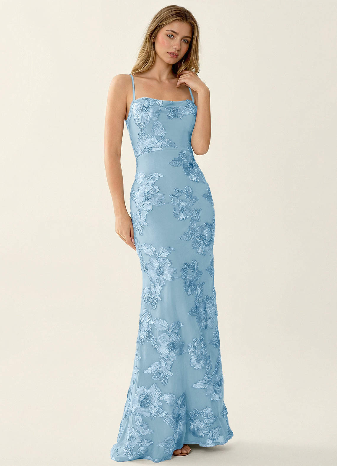 Kailani Mermaid Spaghetti-Strap Lace Evening Dress in Sky Blue