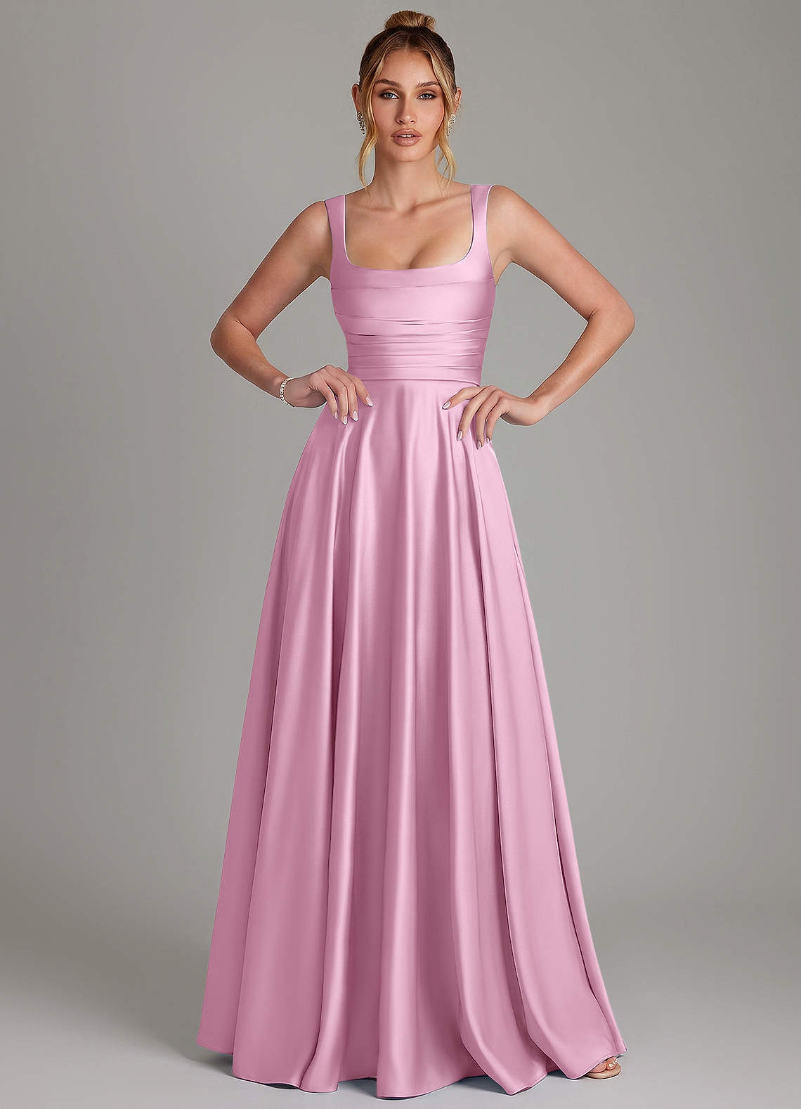 Azaria A-Line Square-Neck Stretch Satin Bridesmaid Dress in candy pink