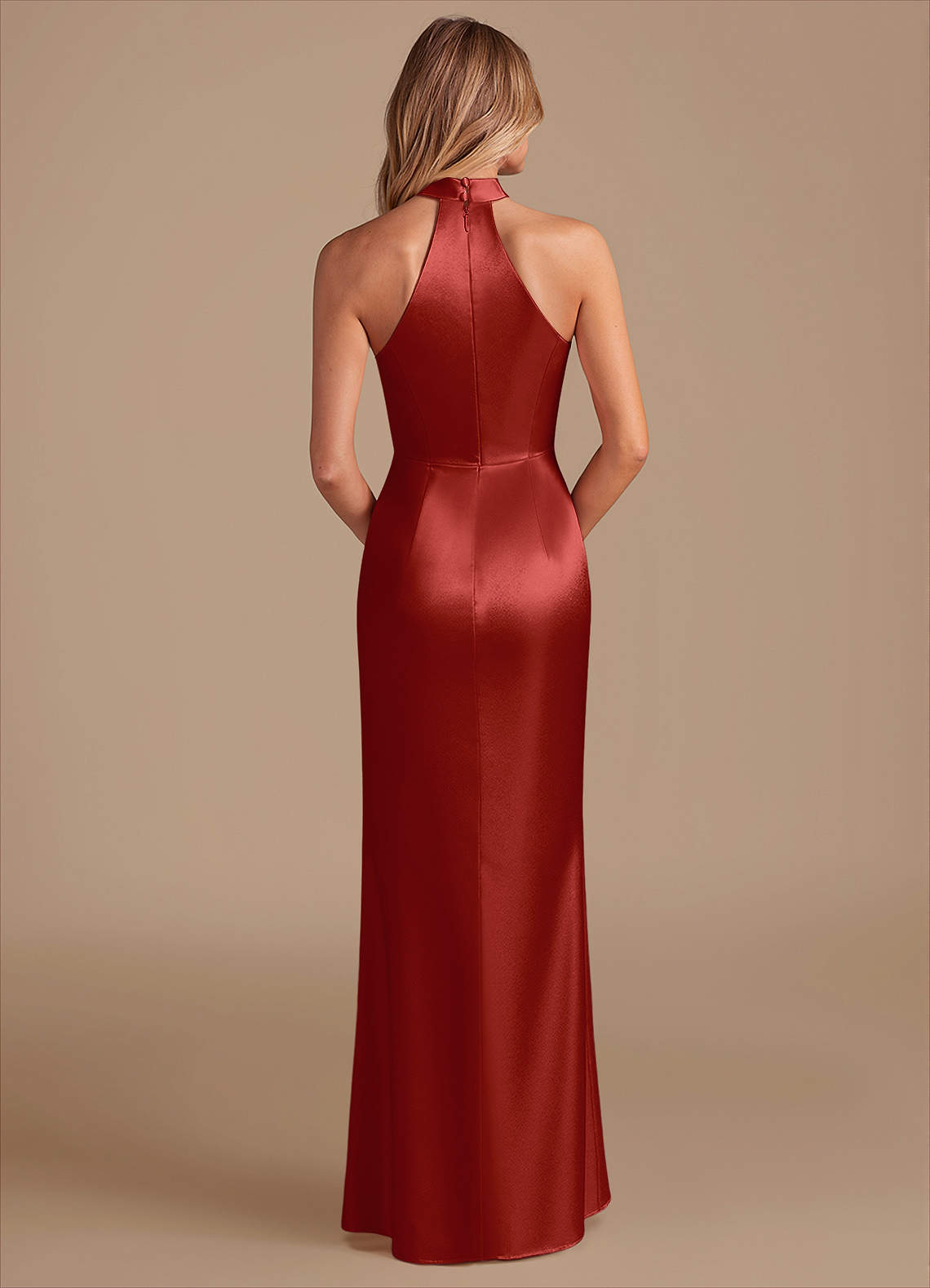 Karlotta Sheath Halter-Neck Metallic Satin Bridesmaid Dress in Rust