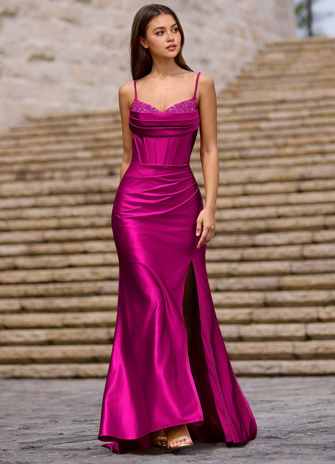 Glow Strapless Corset Slit Stretch Satin Evening Dress in Rose