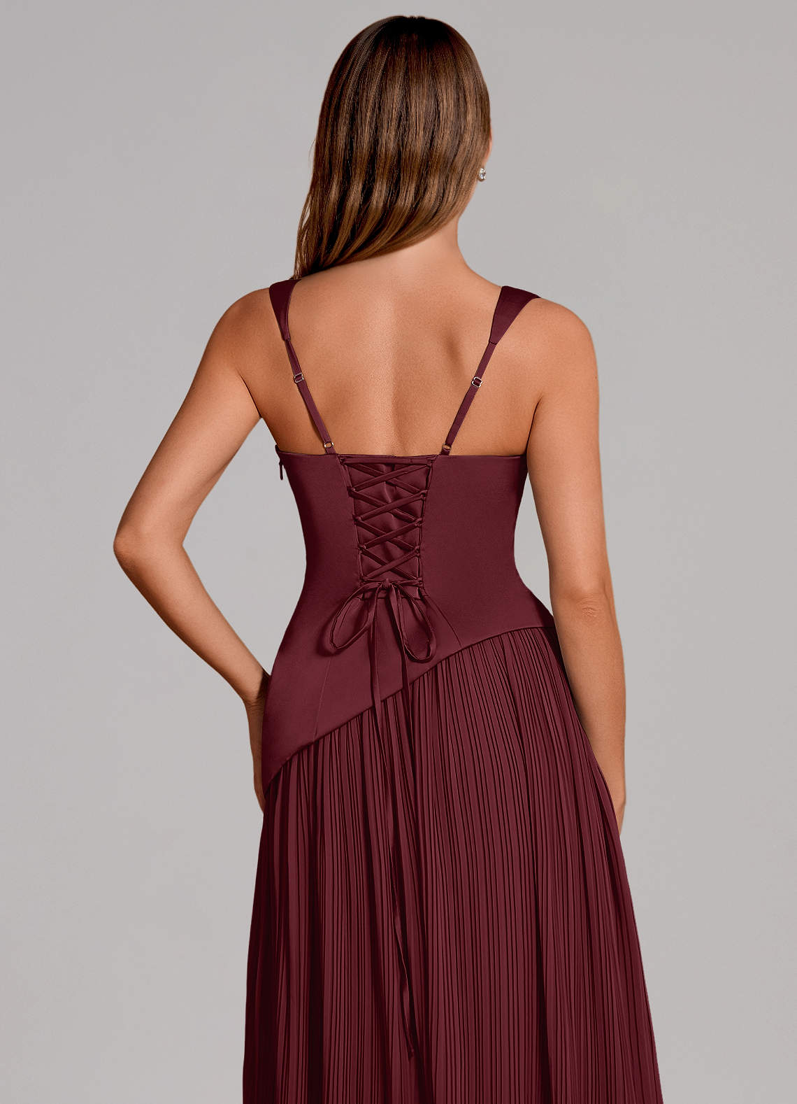 Stephanie A-Line Square-Neck Stretch Satin and Chiffon Bridesmaid Dress in Cabernet