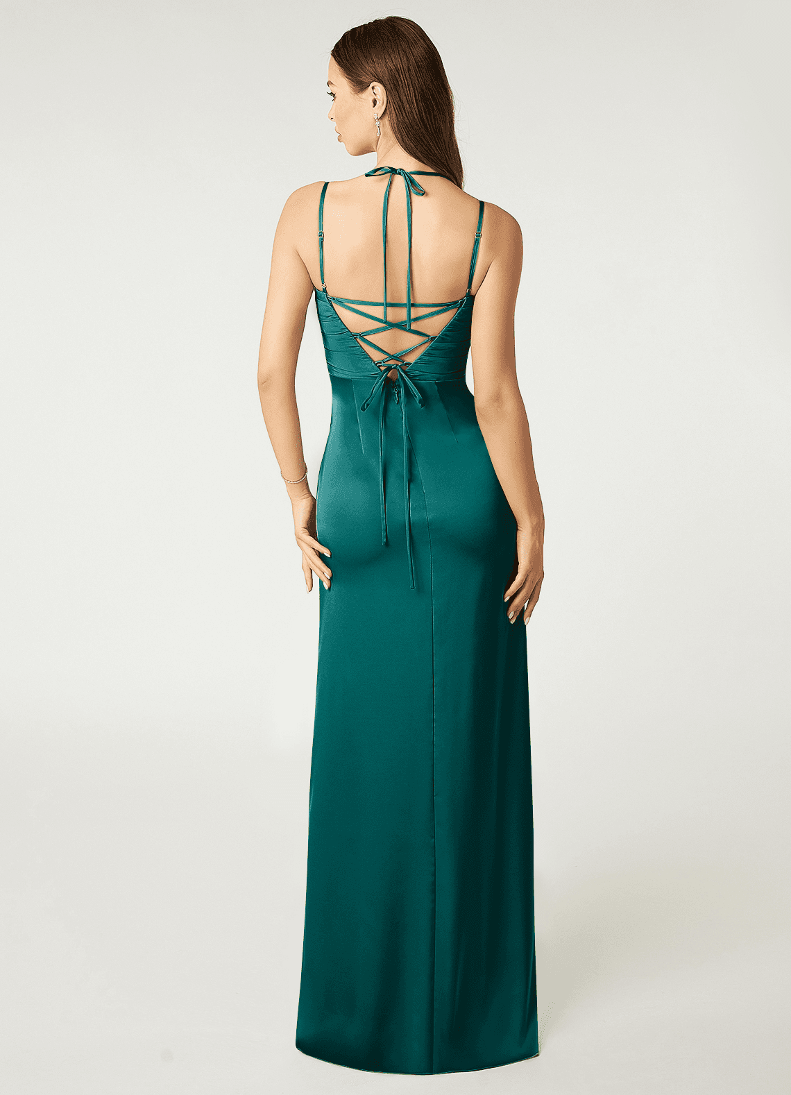 Desi Sheath Halter Stretch Satin Bridesmaid Dress in Peacock