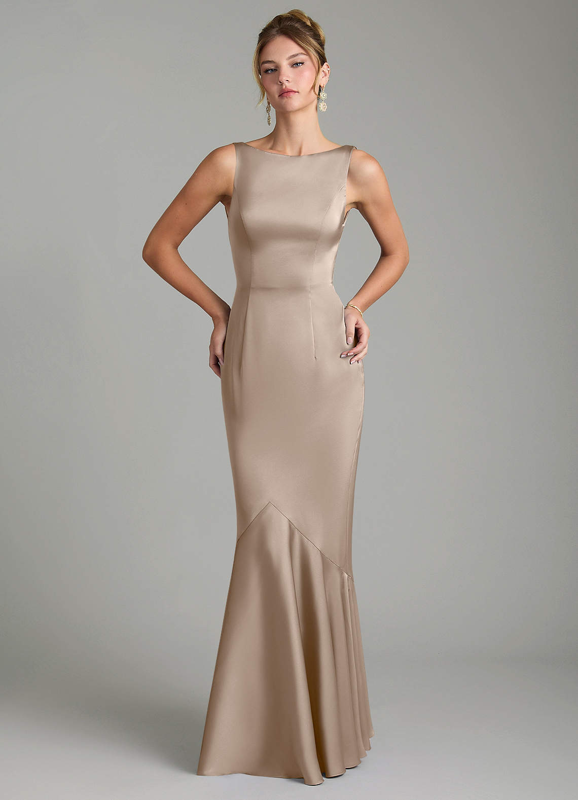 Tamera Mermaid Boat-Neck Stretch Satin and Chiffon Bridesmaid Dress in Taupe