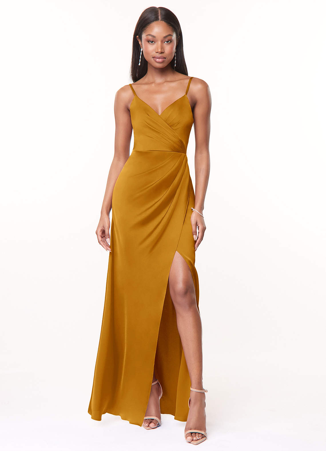 Maci A-Line V-Neck Stretch Satin Bridesmaid Dress in butterscotch