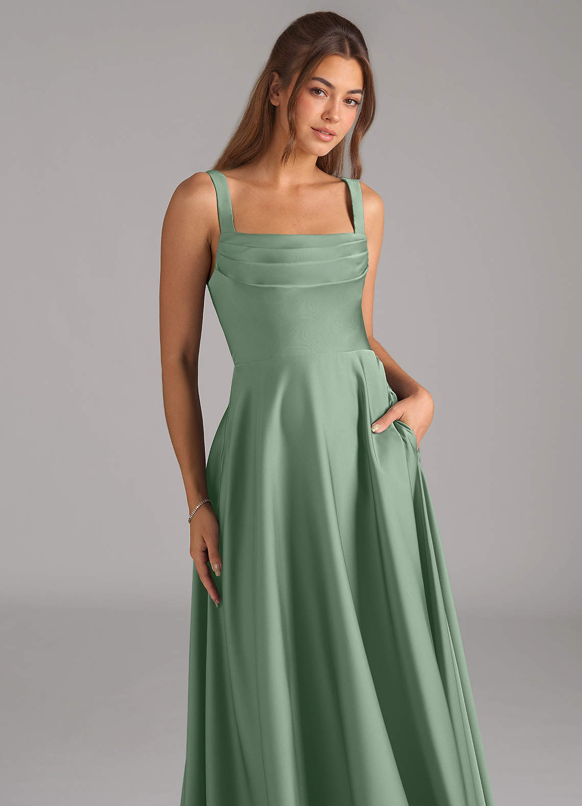 Shaude A-Line Square-Neck Stretch Satin Bridesmaid Dress in Matcha