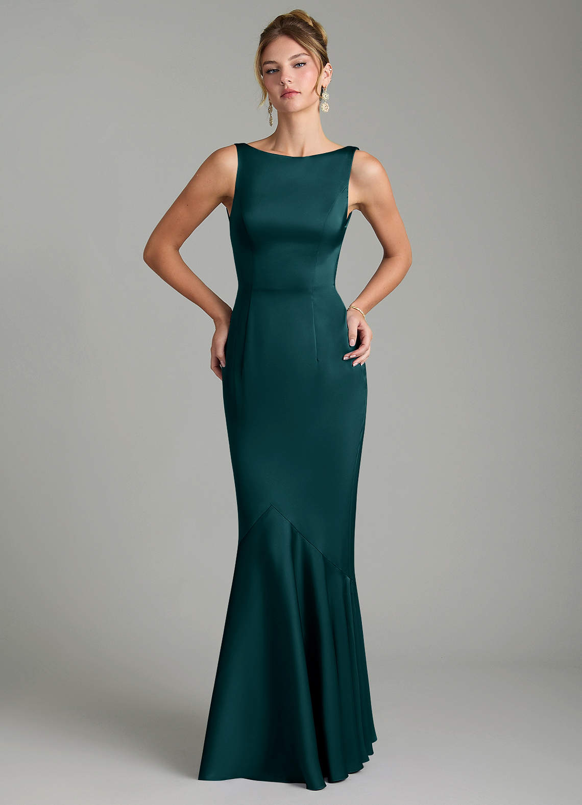 Tamera Mermaid Boat-Neck Stretch Satin and Chiffon Bridesmaid Dress in Pine
