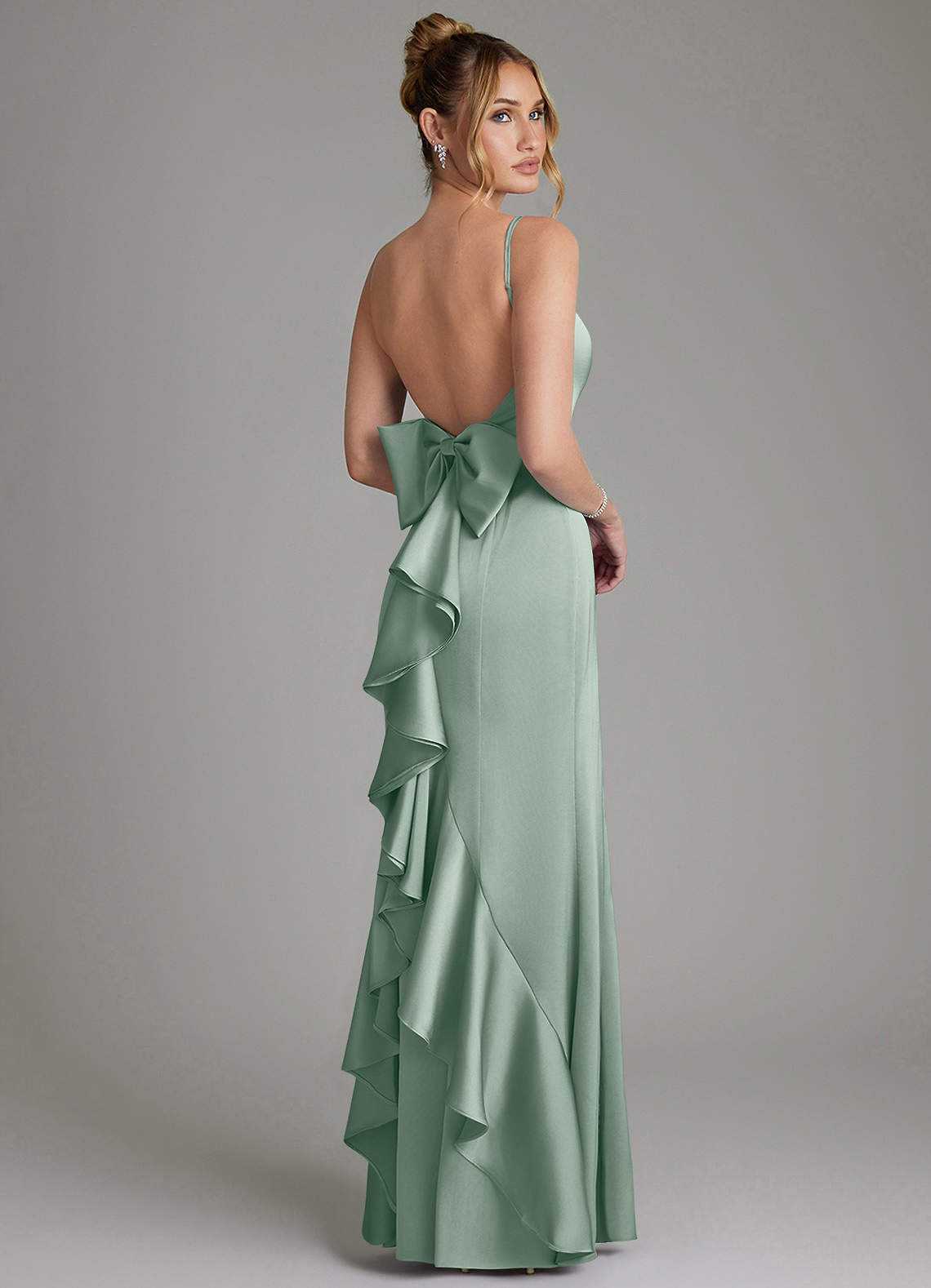 Zherra Mermaid Scoop-Neck Stretch Satin Bridesmaid Dress in Agave