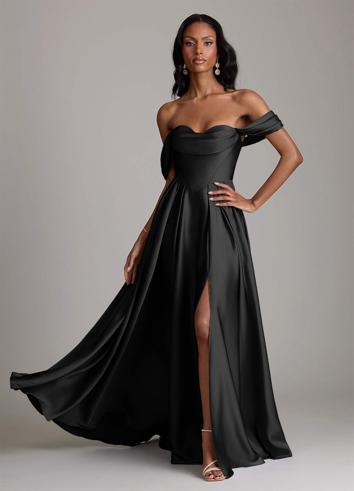 Loisa A-Line Off-the-Shoulder Stretch Satin Bridesmaid Dress in black