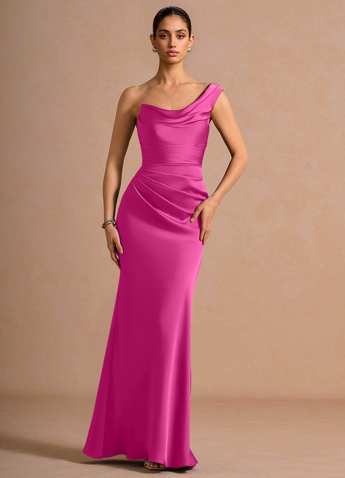 Cassiopeia One-Shoulder Draped Stretch Satin Evening Dress in Hot Pink