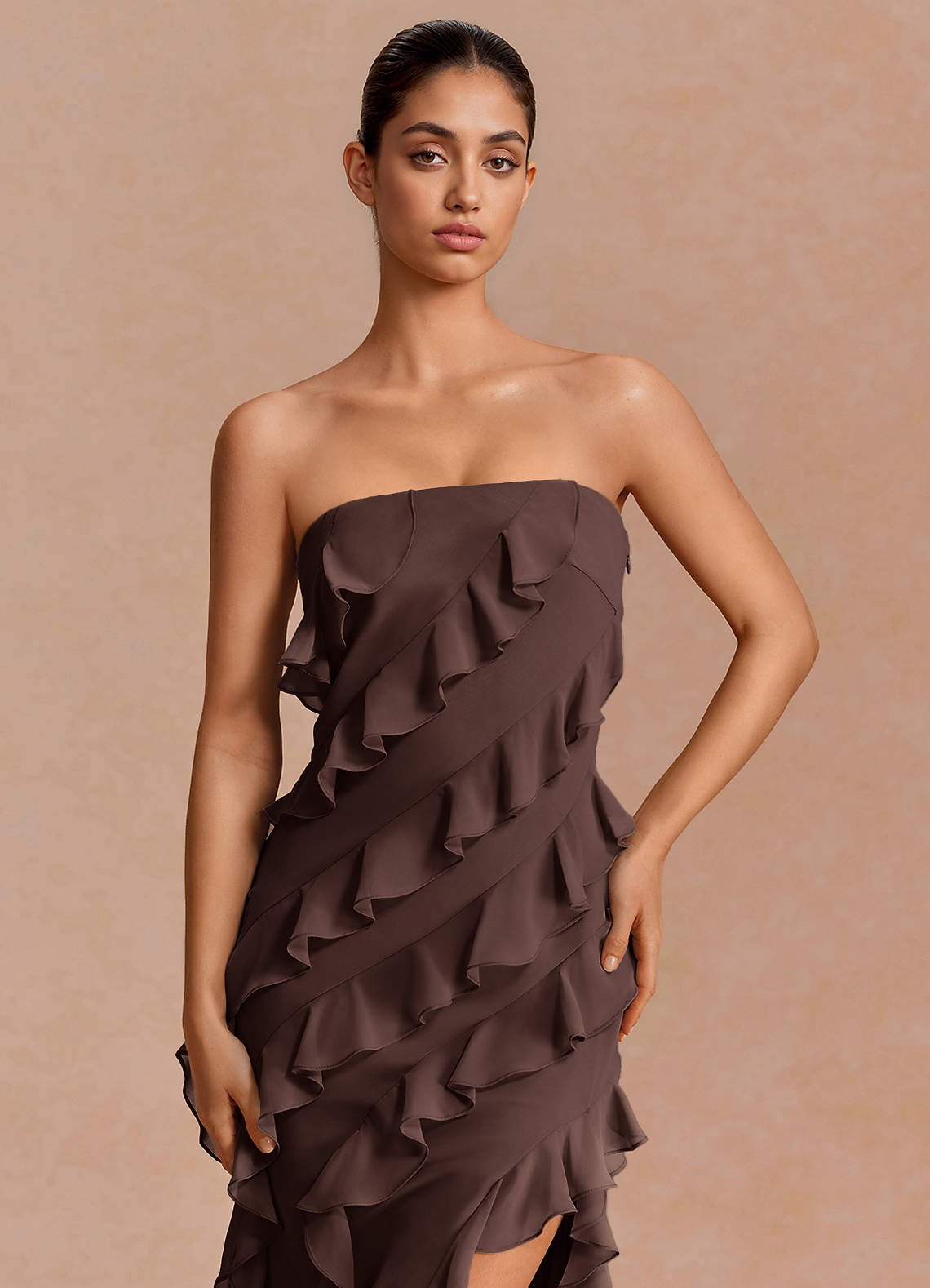Eira A-Line Ruffle Chiffon Evening Dress in Truffle