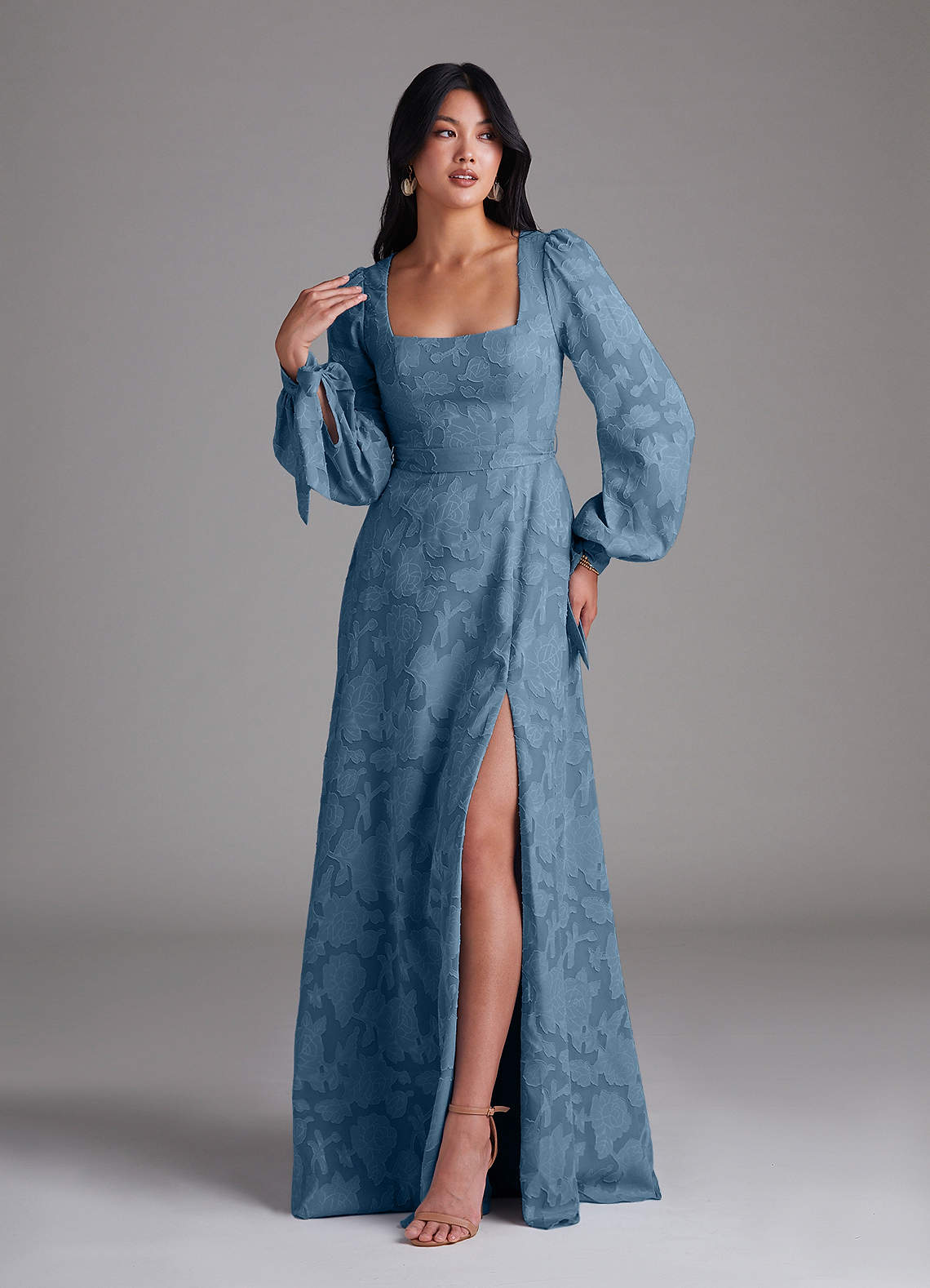 Leonia A-Line Square-Neck Stretch Satin Bridesmaid Dress in Steel Blue