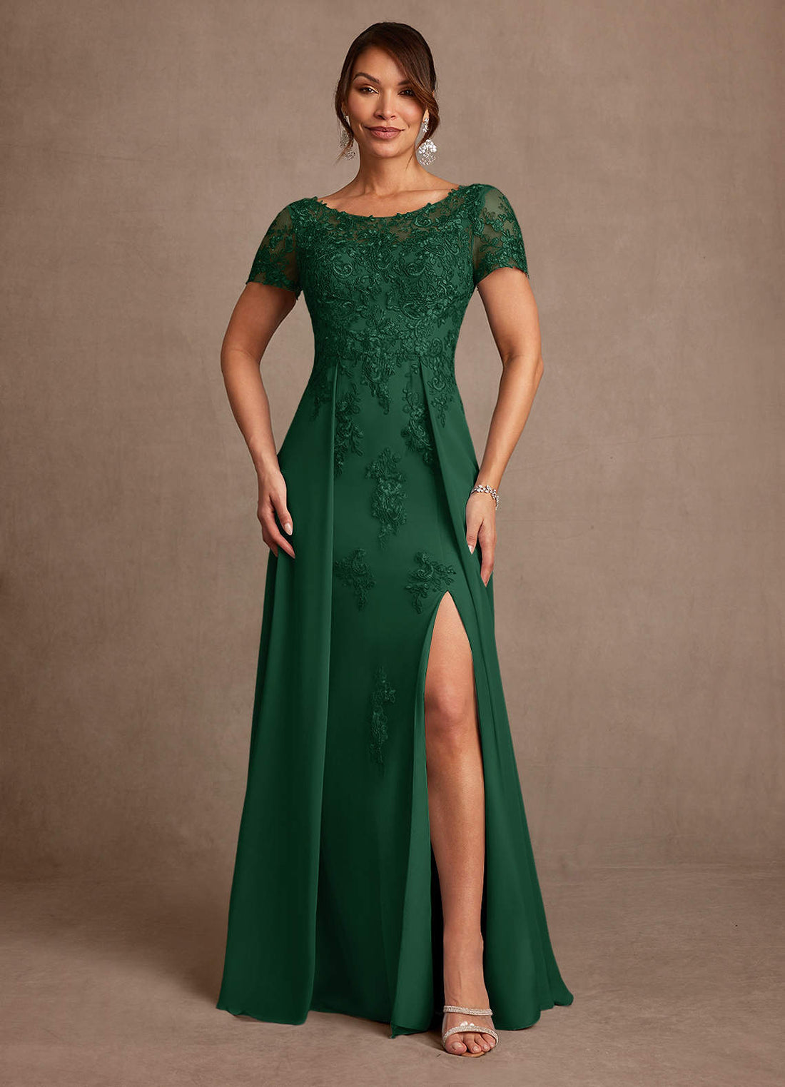 Alva A-Line Scoop-Neck Chiffon and Lace Mother of the Bride Dress in Dark Green