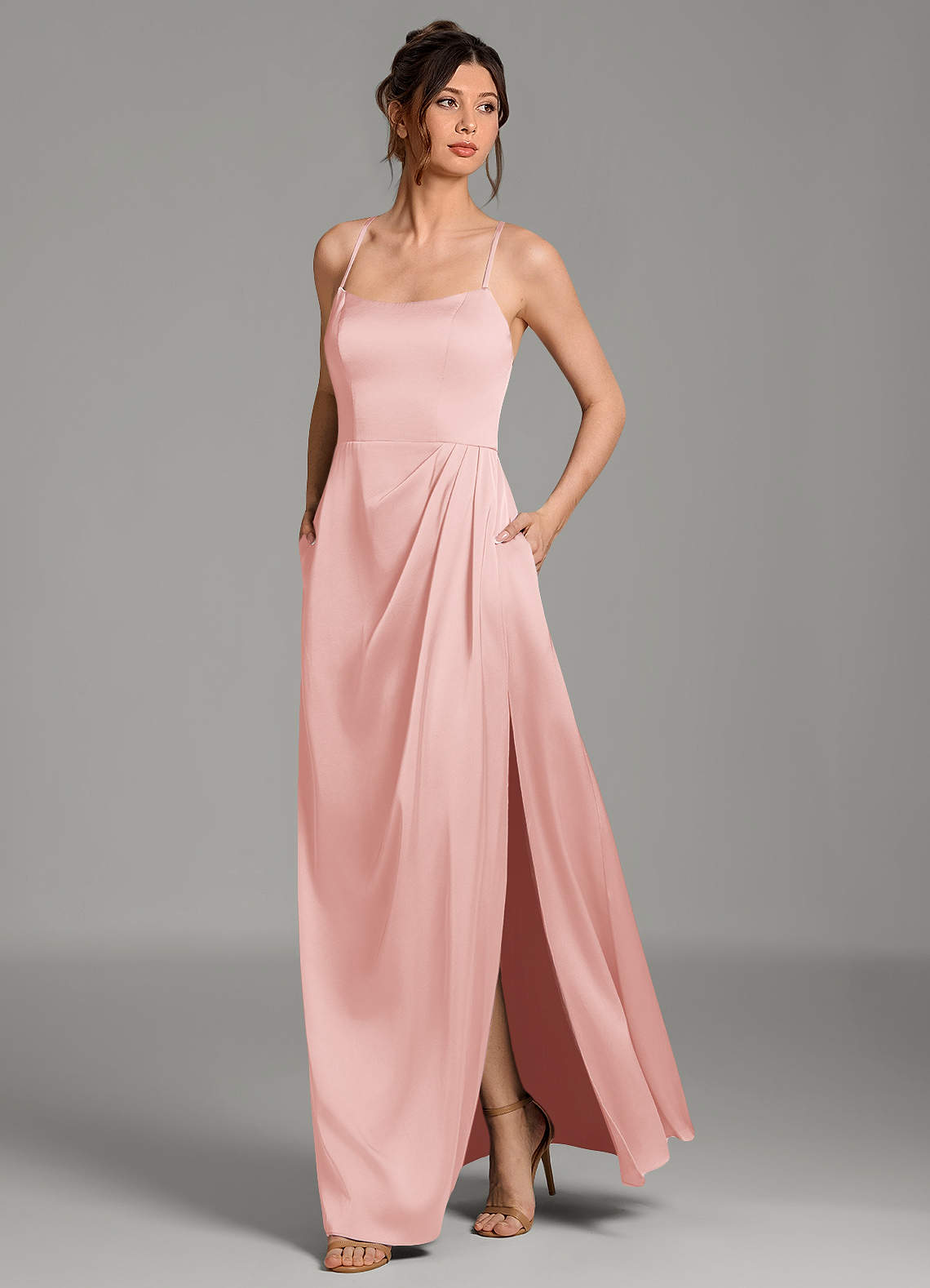 Frankie A-Line Scoop-Neck Stretch Satin Bridesmaid Dress in Powder Pink