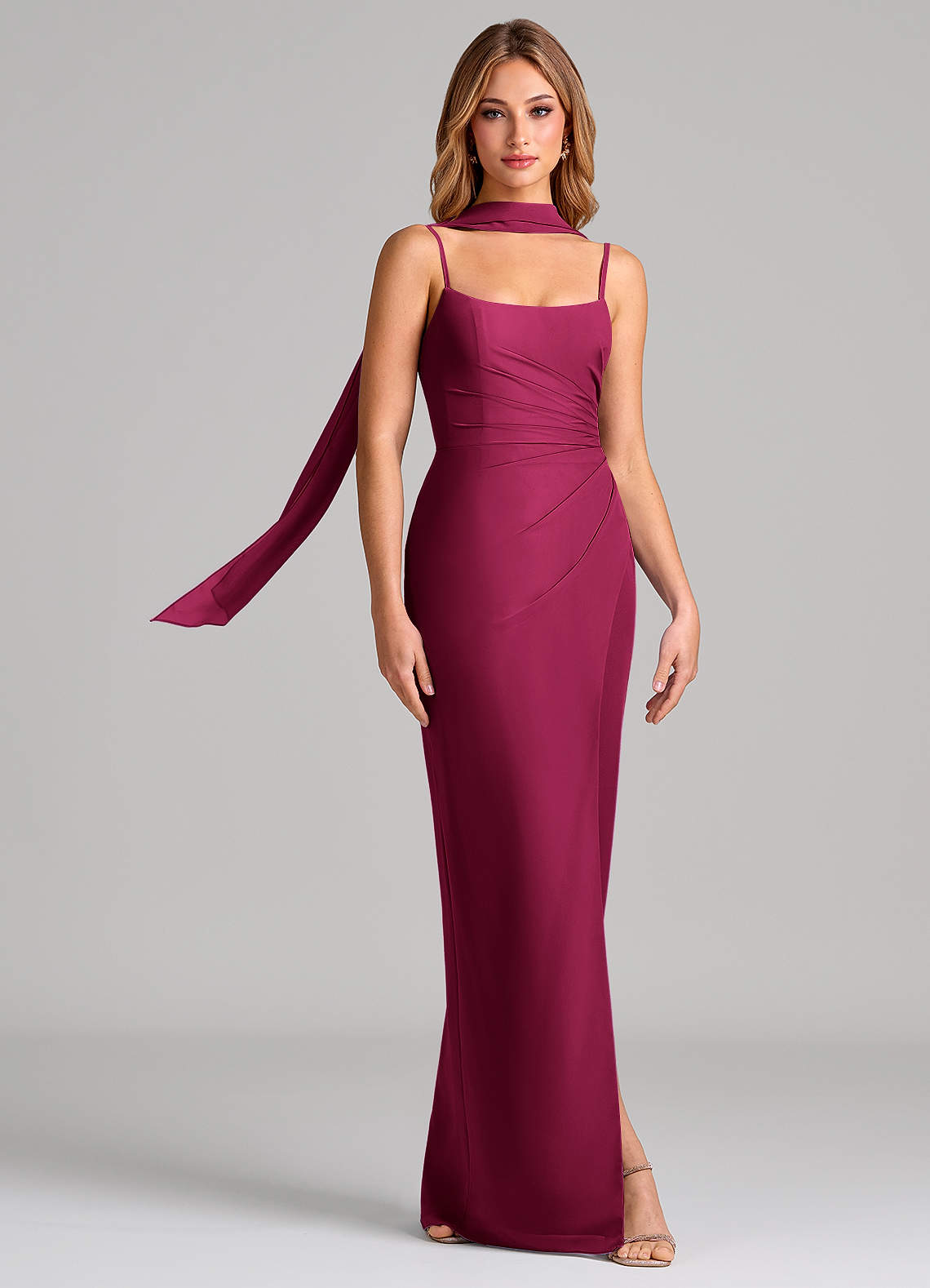 Calandra Sheath Scoop-Neck Chiffon Bridesmaid Dress in Burgundy