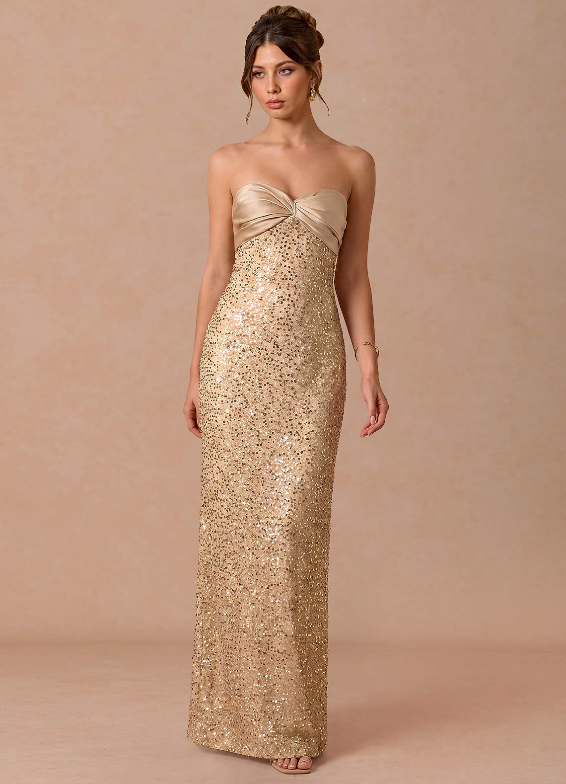 Serelle A-Line Sweetheart Sequin Satin Evening Dress in Gold Champagne